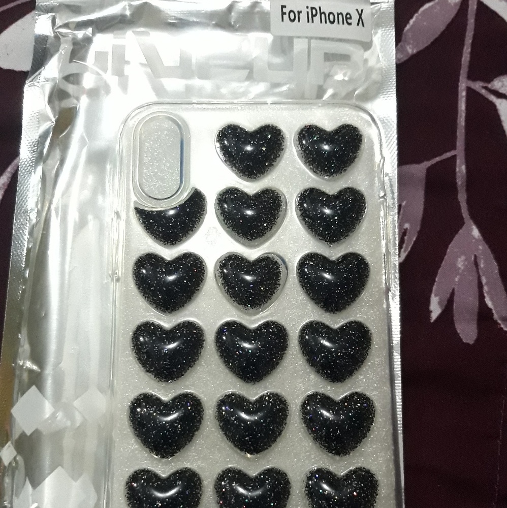 iPhone X black holographic heart case cover